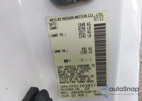 2012 Nissan Altima 2.5 S from USA, damaged, VIN 1N4AL2EP1CC263927